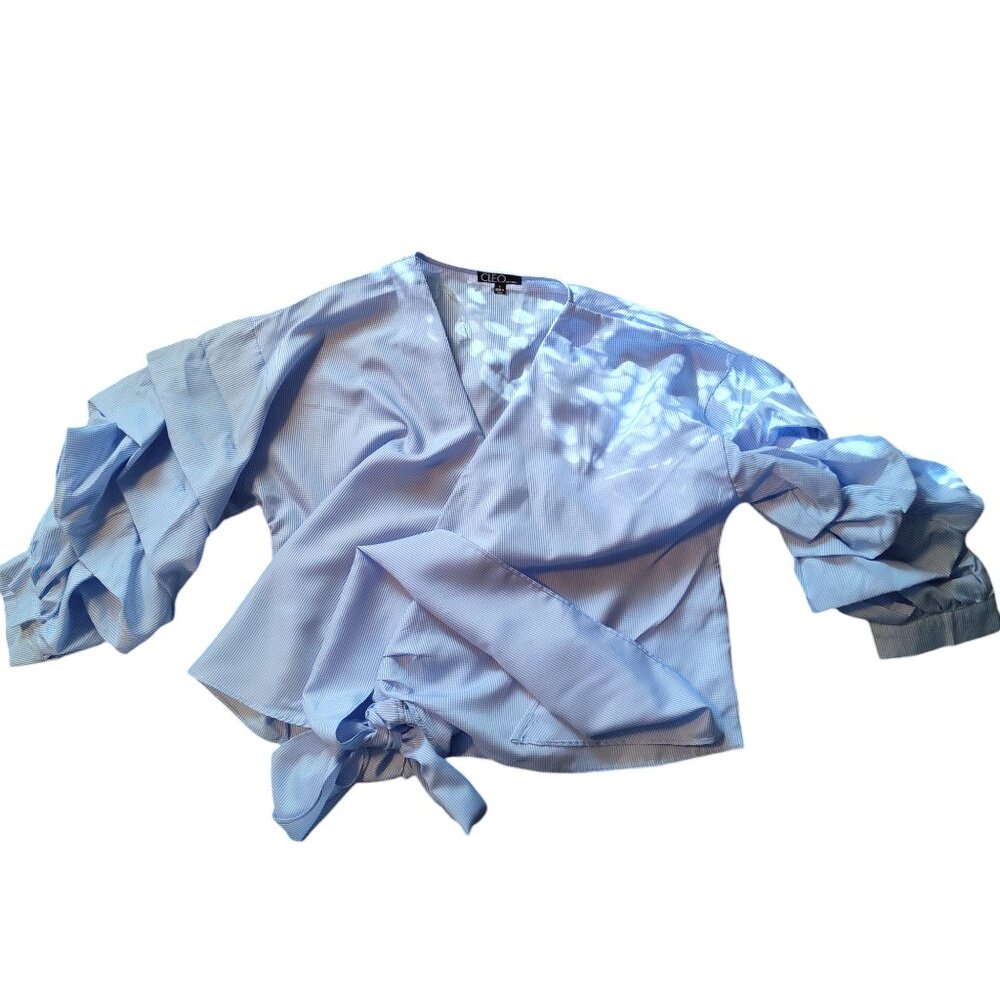 Cleo White and Blue Checker Wrap Top Cotton Size L